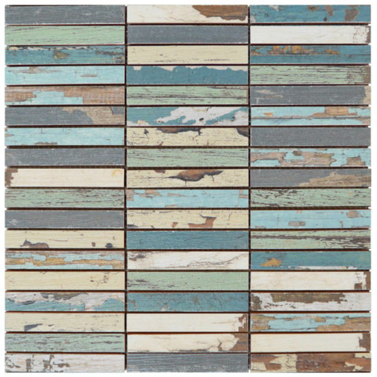 0.7x4 Wood Rectangles Mix Beige Blue Ceramic Mosaic | Quality Carpet Inc.