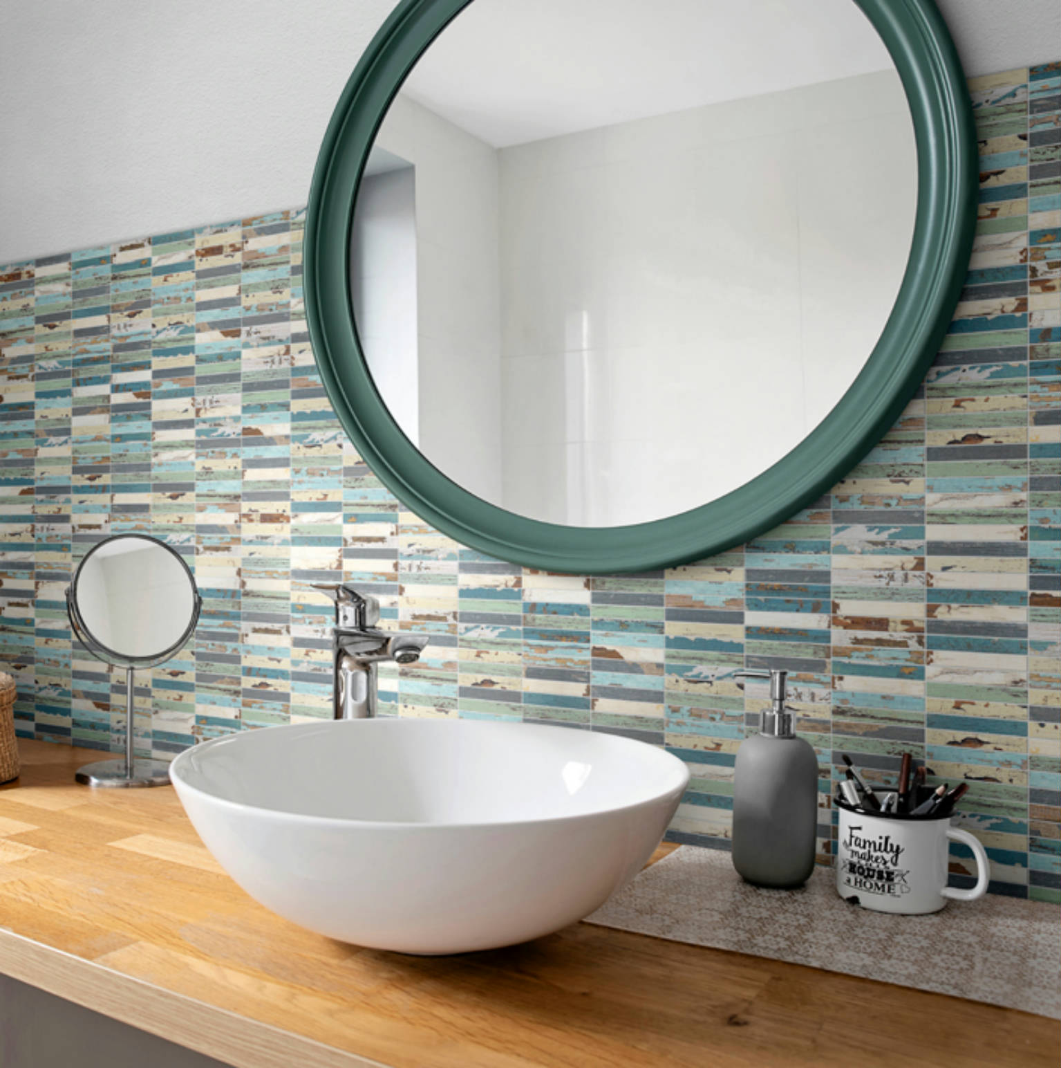 0.7x4 Wood Rectangles Mix Beige/Blue Ceramic Mosaic | Quality Carpet Inc.