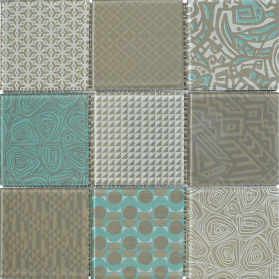 4"X4" Beige Green Glass Geometric Random Pattern Mosaic | Quality Carpet Inc.