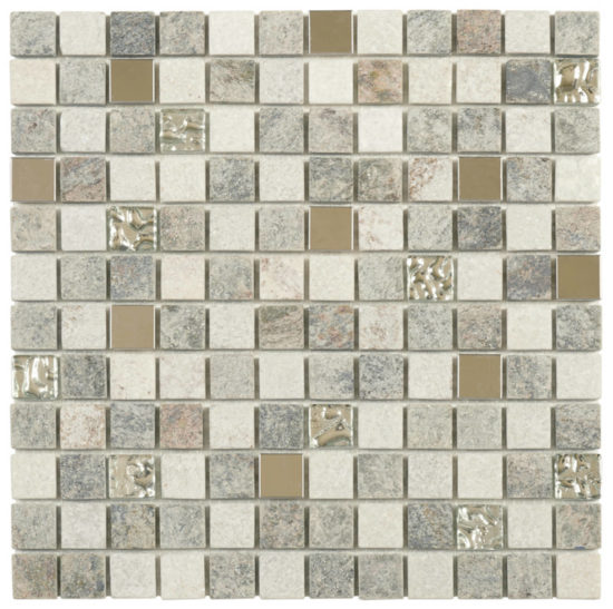 Grey Beige Glass Quartzite And Metal Décor 7/8"X7/8" Mosaic | Quality Carpet Inc.