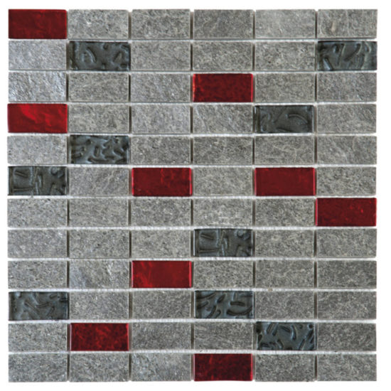 Grey Natural Quartzite Red Glass Mosaic 1"X2" | Quality Carpet Inc.