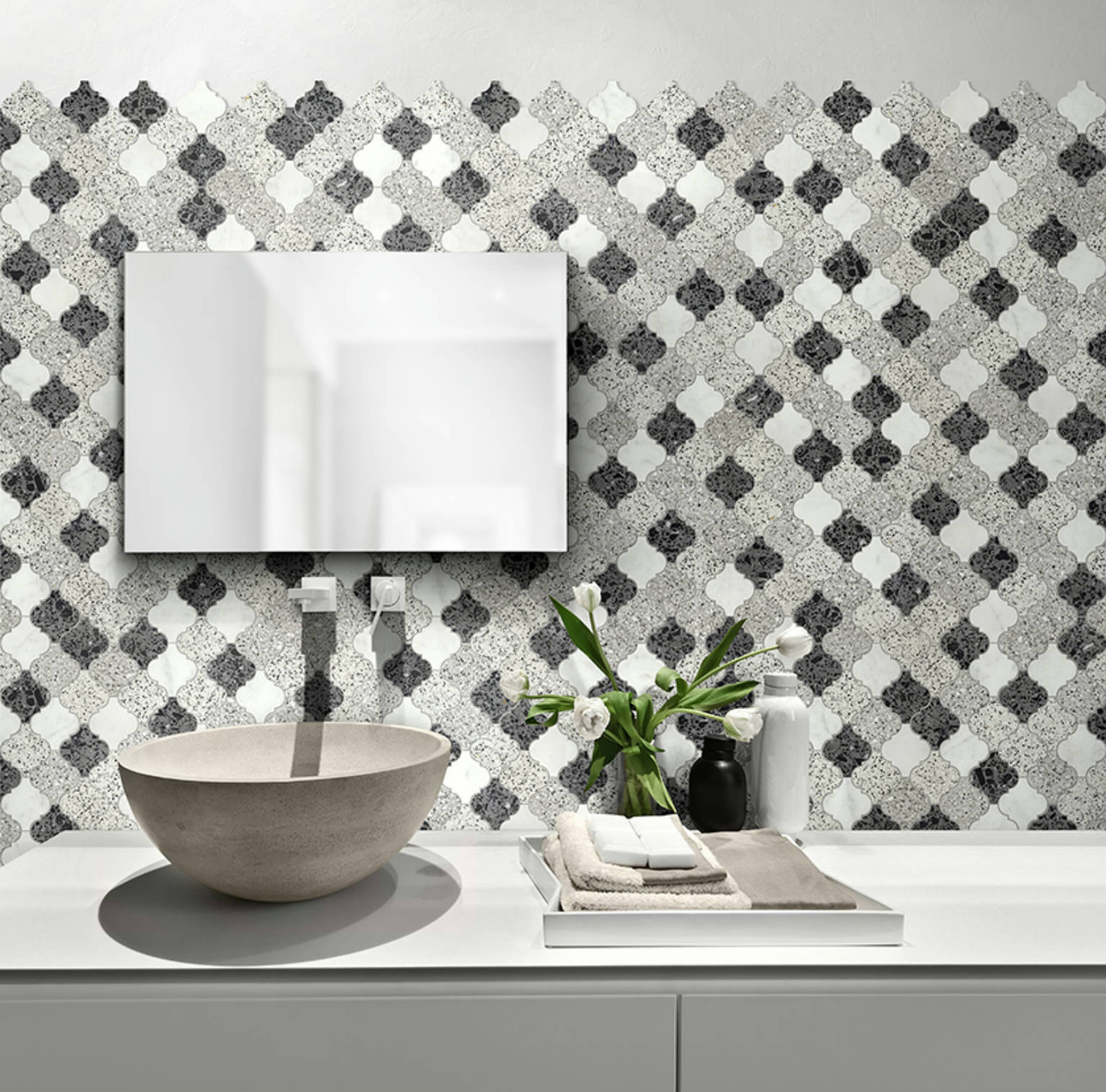 Lantern Terrazzo Marble White, Grey, Black Mix Mosaic | Quality Carpet Inc.