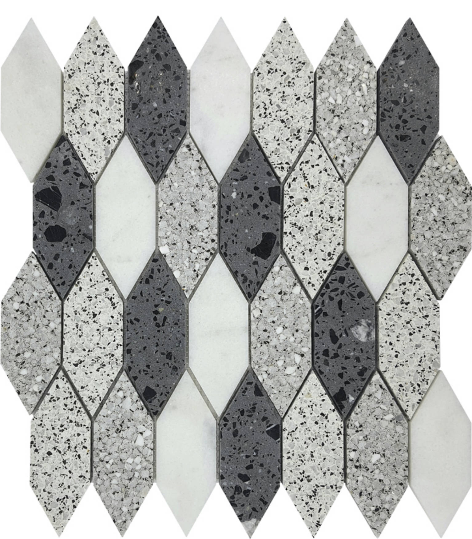 Long Hexagon Terrazzo Marble White Grey Black Mix Mosaic | Quality Carpet Inc.
