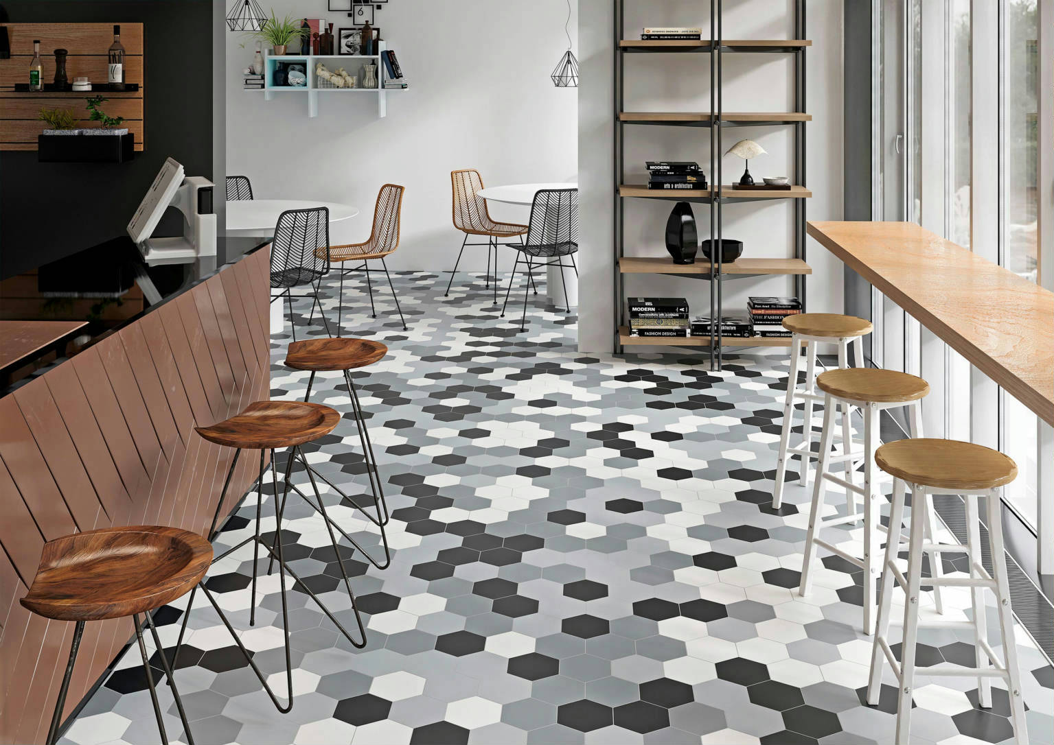 Vida 5.5X6.3” Black, Grey, Pearl, and White  Hexagons | Quality Carpet Inc.