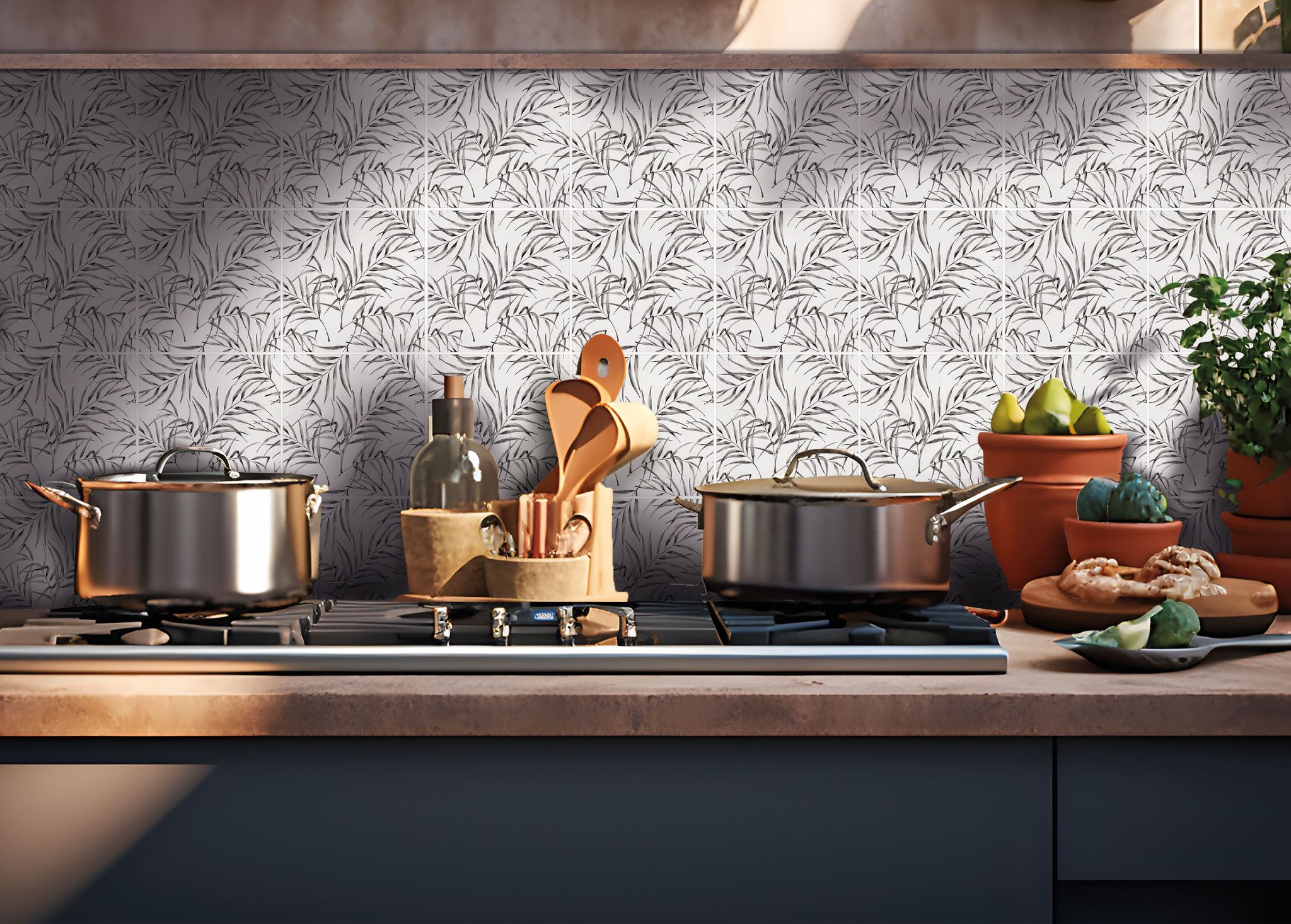 6"x6" Grey Palm Leaf Printed White Marble | LA TERRA STONE